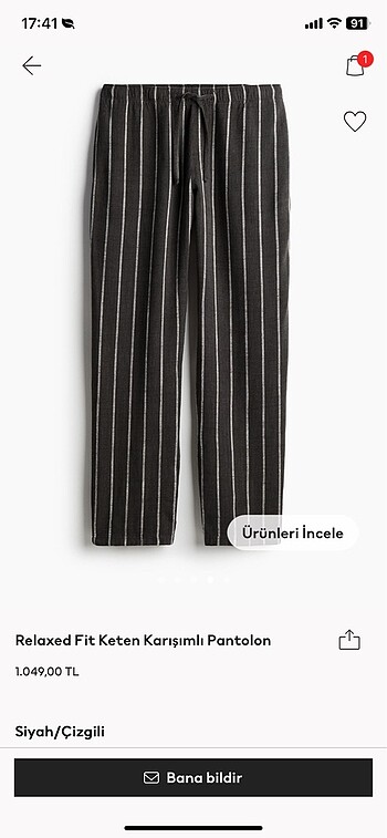 H&M Çizgili Keten Pantolon Gri L