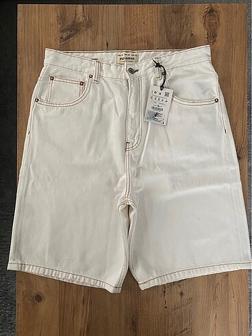 Pull & Bear Baggy Kot Şort Krem 42