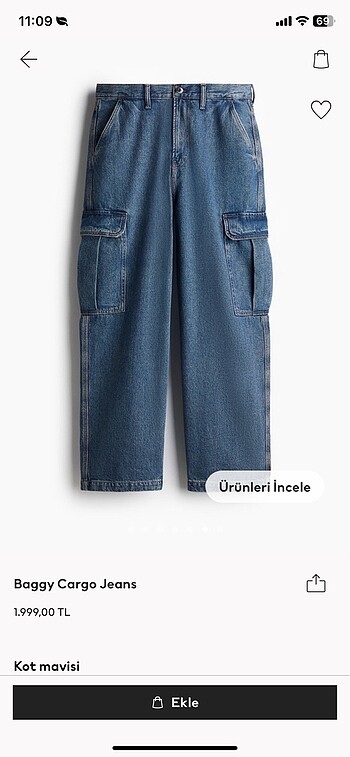 H&M Baggy Fit Kargo Jean 32/32 Mavi