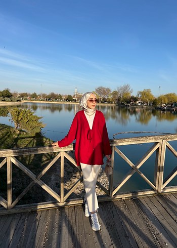 Diğer Kirmizi V Yaka Rahat Kimono