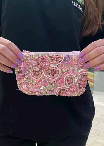 American Vintage Pembe Cicekli Boncuklu Mini Canta