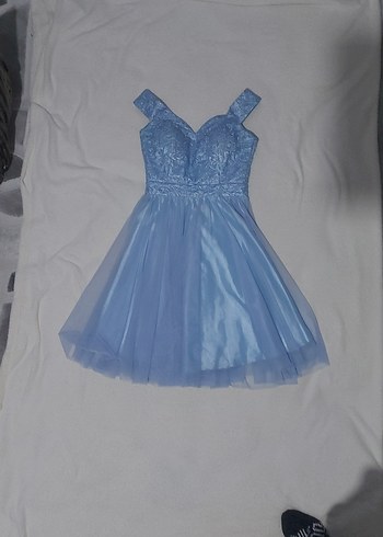Zara Mavi Midi Drapeli V Yaka Abiye Elbise
