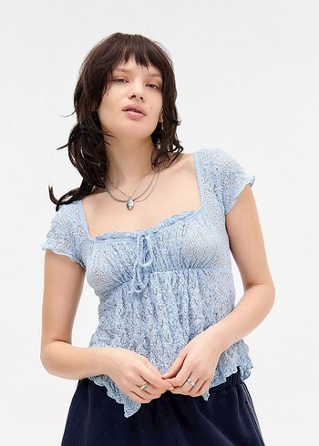 Urban Outfitters Romantik Acik Mavi Dantel Bluz