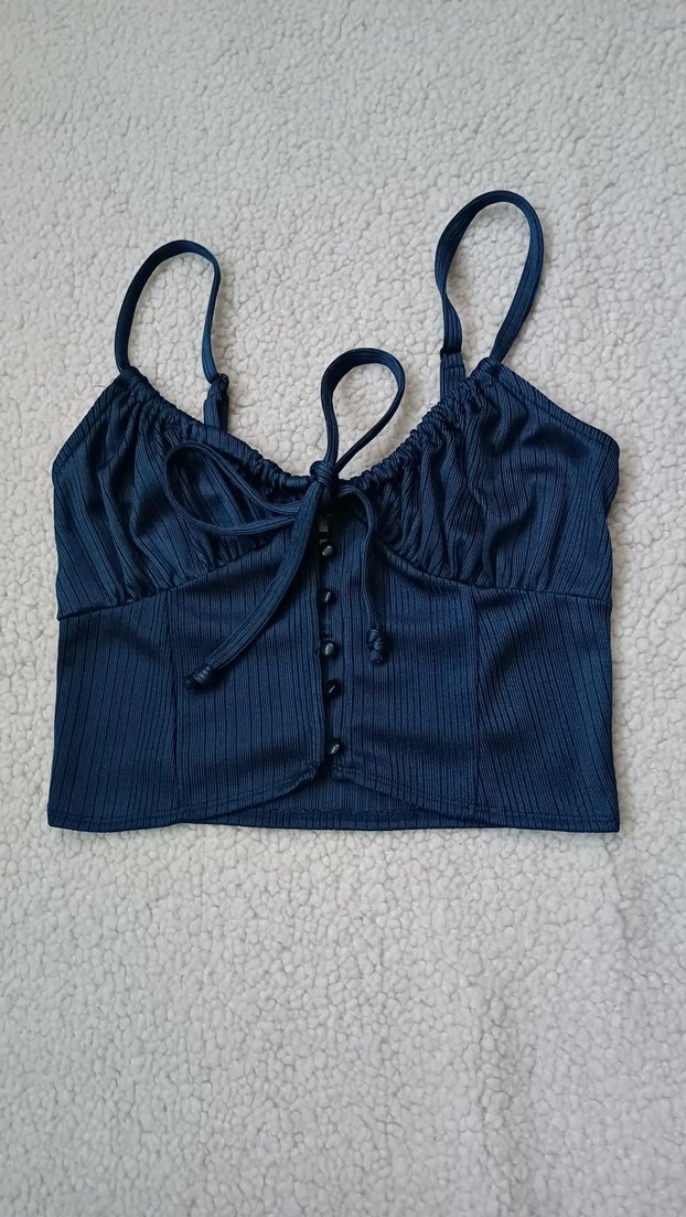 Lacivert İnce Askılı Büzgülü Crop Top — görsel 3/4