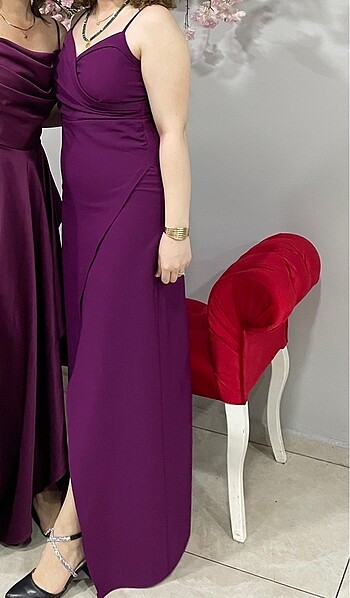 Mürdüm Yaka Detaylı Dokuma Uzun Gece Abiye Elbise - Görsel 6