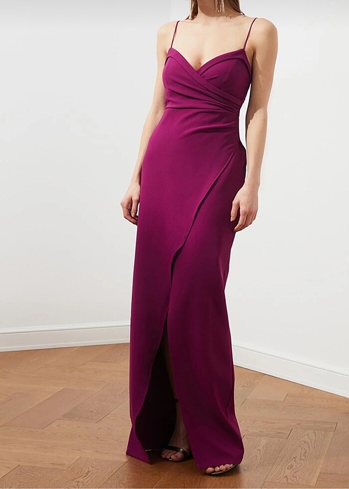 Mürdüm Yaka Detaylı Dokuma Uzun Gece Abiye Elbise - Görsel 2