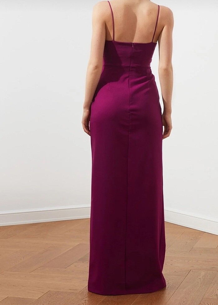 Mürdüm Yaka Detaylı Dokuma Uzun Gece Abiye Elbise - Görsel 3