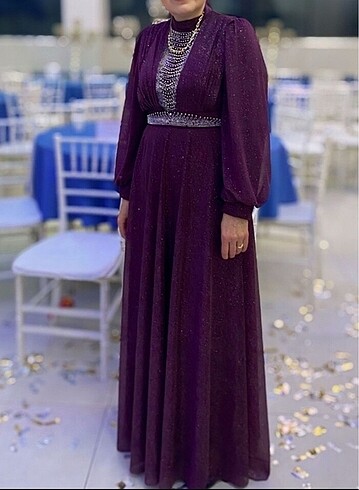 İnci süslemeli simli tesettür abiye - Görsel 5