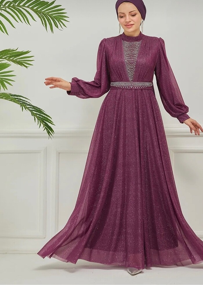 İnci süslemeli simli tesettür abiye - Görsel 2