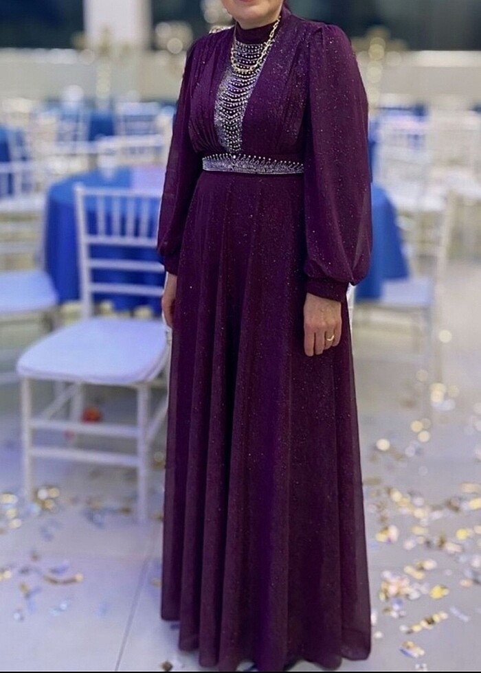 İnci süslemeli simli tesettür abiye - Görsel 5