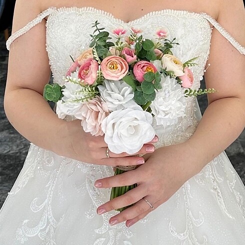 İp askılı gelinlik taç duvak gelin çiçek - Görsel 4