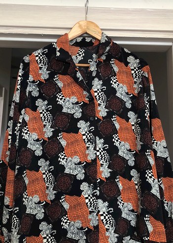 American Retro Retro Desenli Vintage Siyah Gomlek Siklik Ve Rahatlik Bir