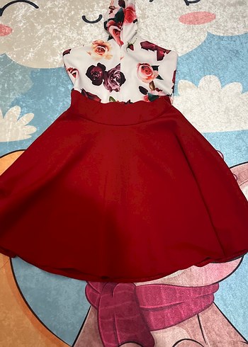 Çiçek Desenli Kırmızı Mini Kokteyl Elbisesi - Görsel 2