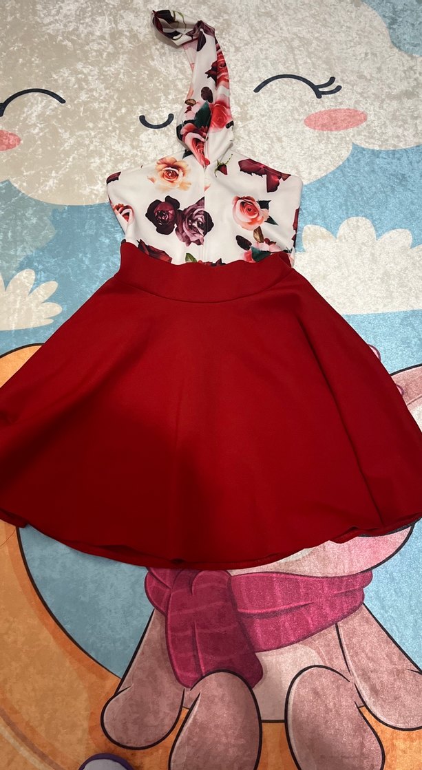 Çiçek Desenli Kırmızı Mini Kokteyl Elbisesi - Görsel 2