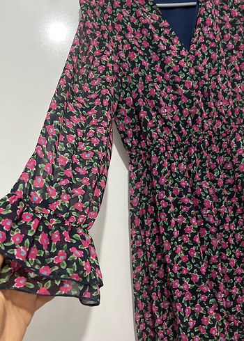 Renkli Çiçekli Midi Elbise, V Yaka, Uzun Kollu - Görsel 3