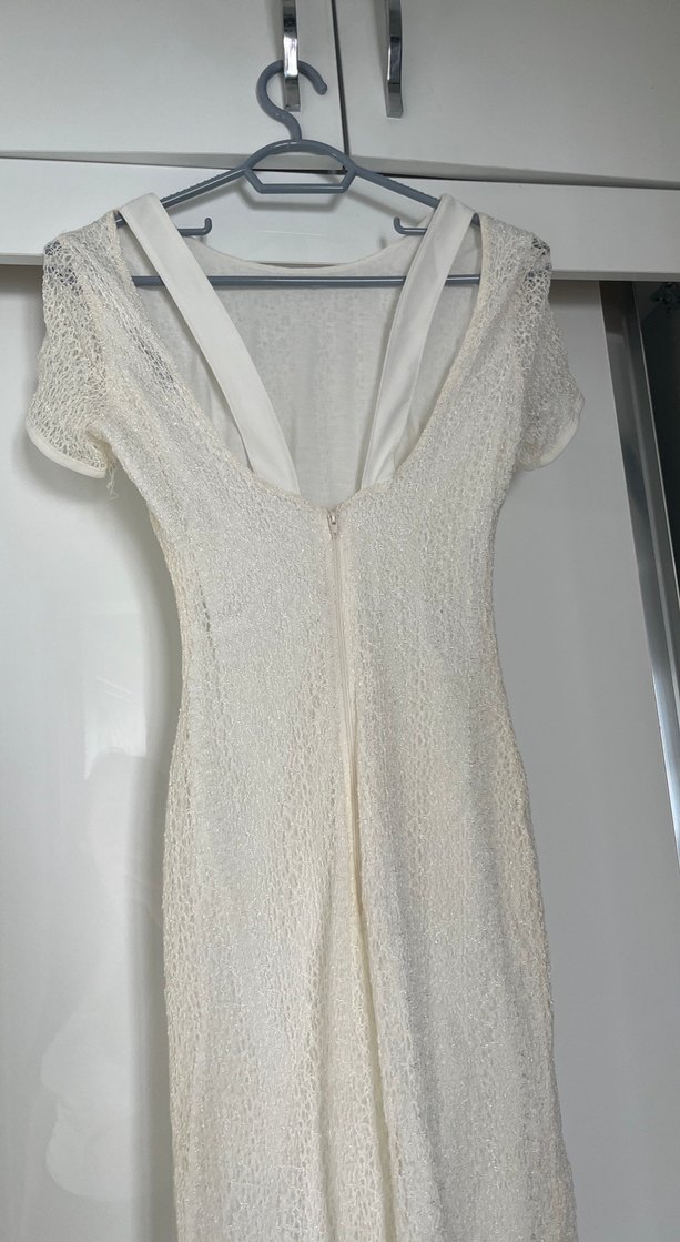 Dantel Detaylı Beyaz Uzun Abiye Elbise - Görsel 4