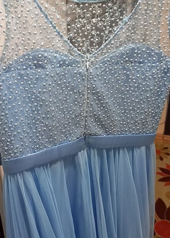 Mavi Uzun Drapeli Straplez Abiye Elbise - Görsel 8