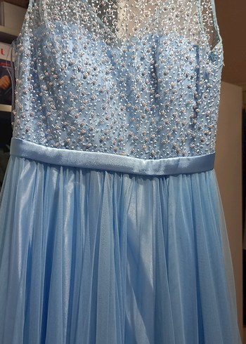 Mavi Uzun Drapeli Straplez Abiye Elbise - Görsel 5