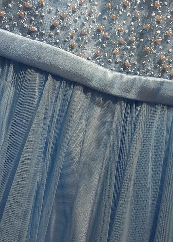 Mavi Uzun Drapeli Straplez Abiye Elbise - Görsel 7