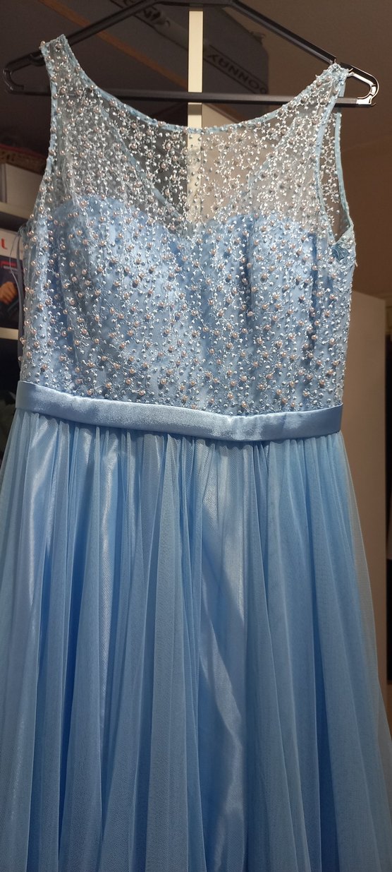 Mavi Uzun Drapeli Straplez Abiye Elbise - Görsel 5