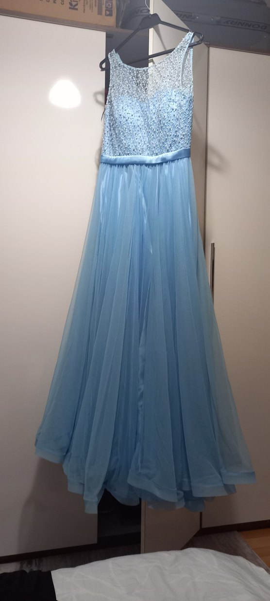 Mavi Uzun Drapeli Straplez Abiye Elbise - Görsel 2