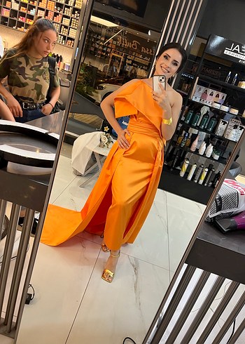 Turuncu Drapeli Uzun Abiye Elbise - Görsel 3