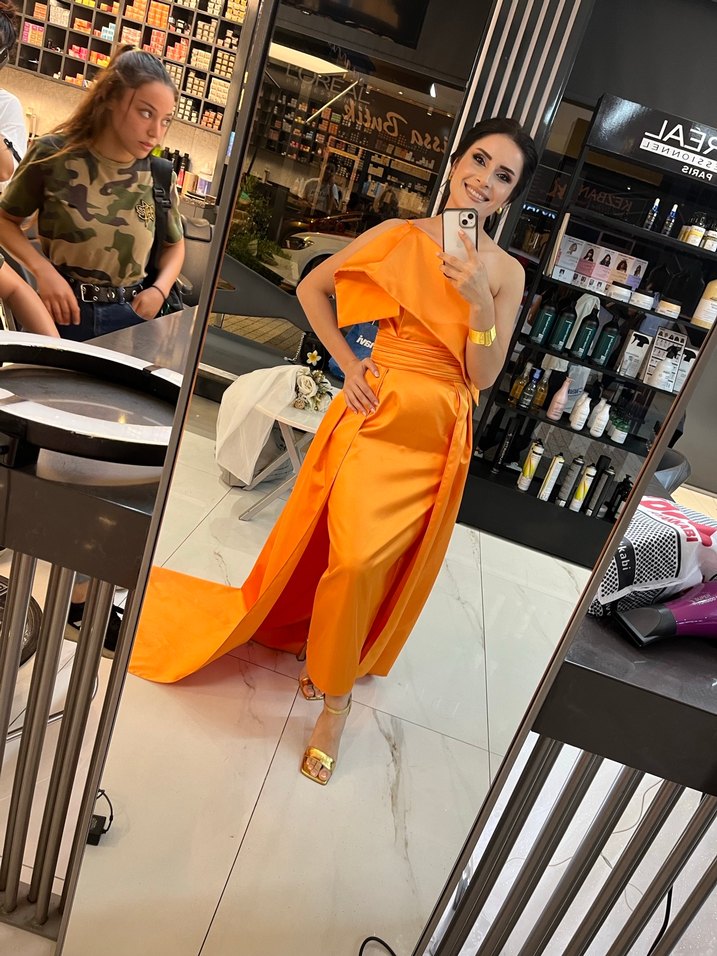 Turuncu Drapeli Uzun Abiye Elbise - Görsel 3