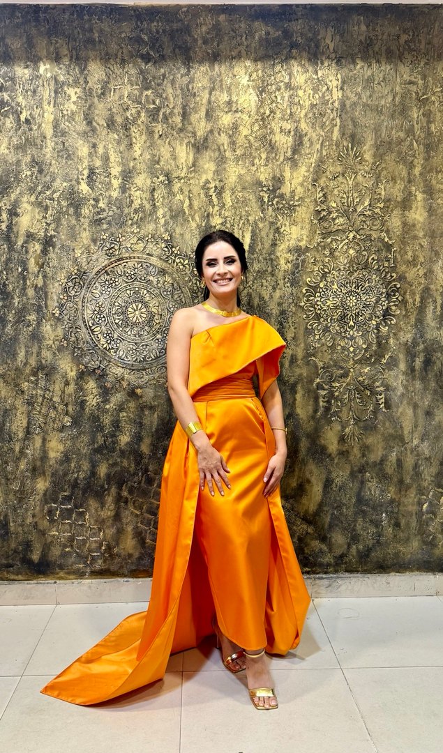 Turuncu Drapeli Uzun Abiye Elbise - Görsel 2