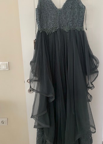 Drapeli V Yaka Uzun Abiye Elbise - Görsel 4