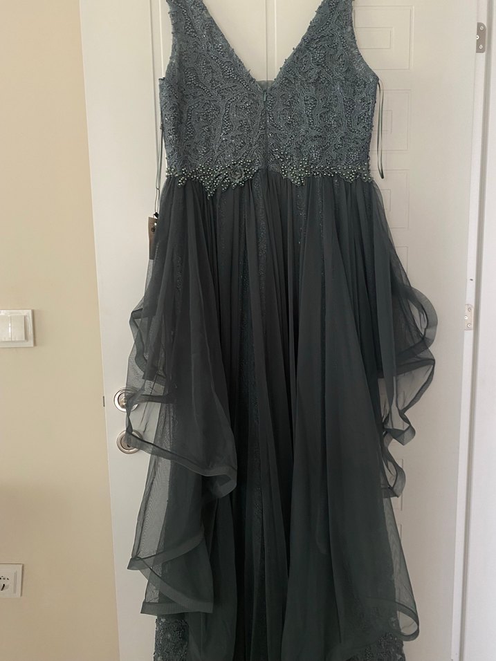 Drapeli V Yaka Uzun Abiye Elbise - Görsel 3