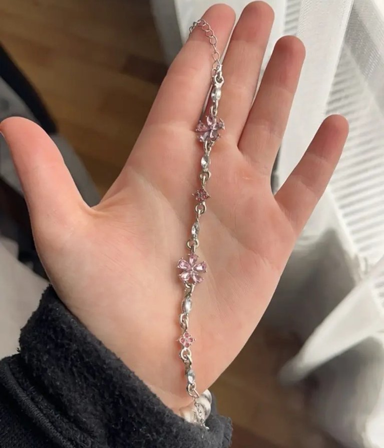 Pembe Çiçek Sakura Detaylı Zincir Bileklik - Görsel 4