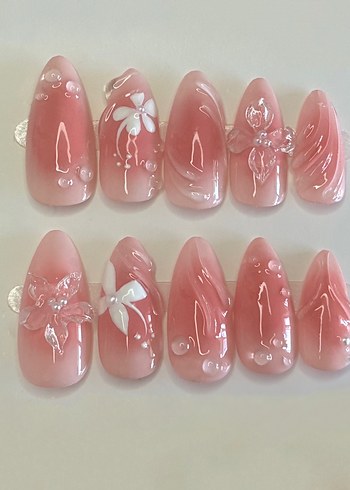 10lu Takma Tırnak Seti Kalıcı UV Oje 3d Pembe Nail Art - Görsel 2
