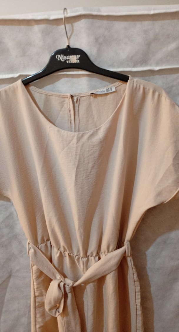 Bej Kemerli Kadın Keten Tulum - Görsel 3