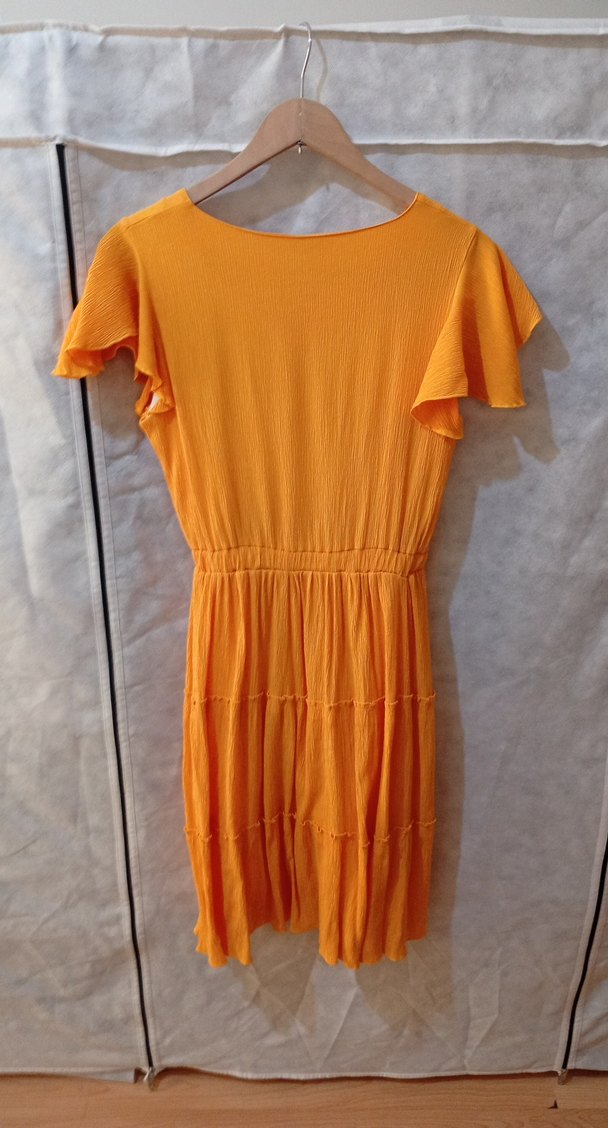 midi boy Sarı V Yaka Düğmeli Bohem Elbise - Görsel 3