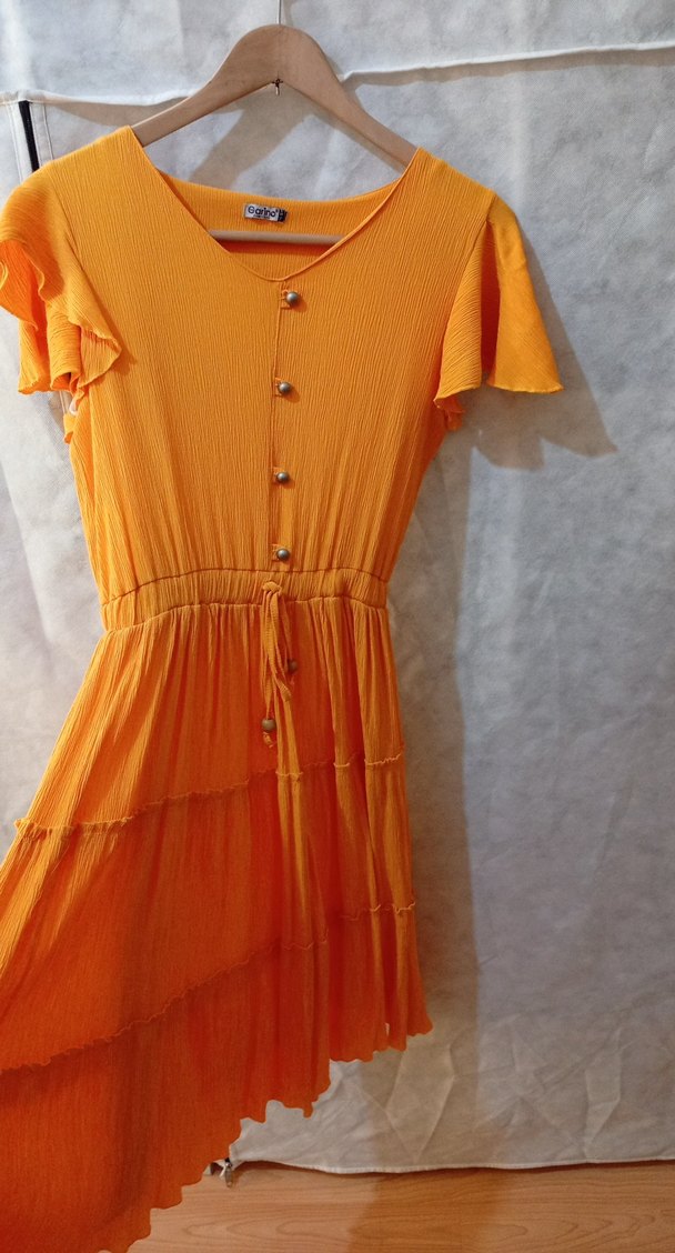 midi boy Sarı V Yaka Düğmeli Bohem Elbise - Görsel 2