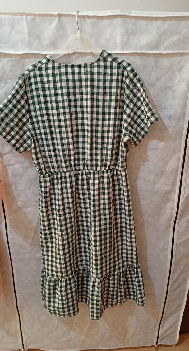 Düğmeli V Yaka Yeşil Ekose Elbise - Görsel 3