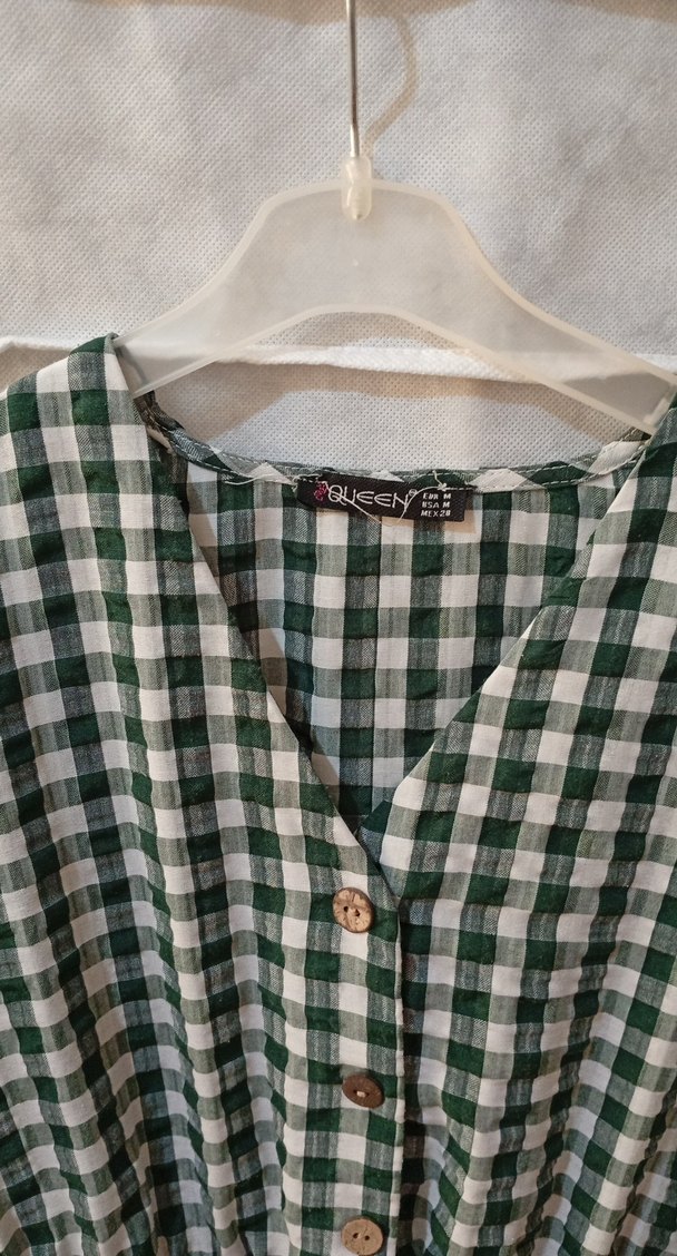 Düğmeli V Yaka Yeşil Ekose Elbise - Görsel 2