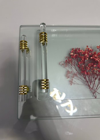 Altın Detaylı Çiçek Desenli Modern Cam tepsi - Görsel 2