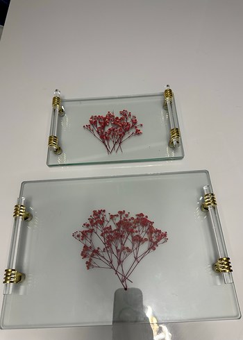 Altın Detaylı Çiçek Desenli Modern Cam tepsi - Görsel 3