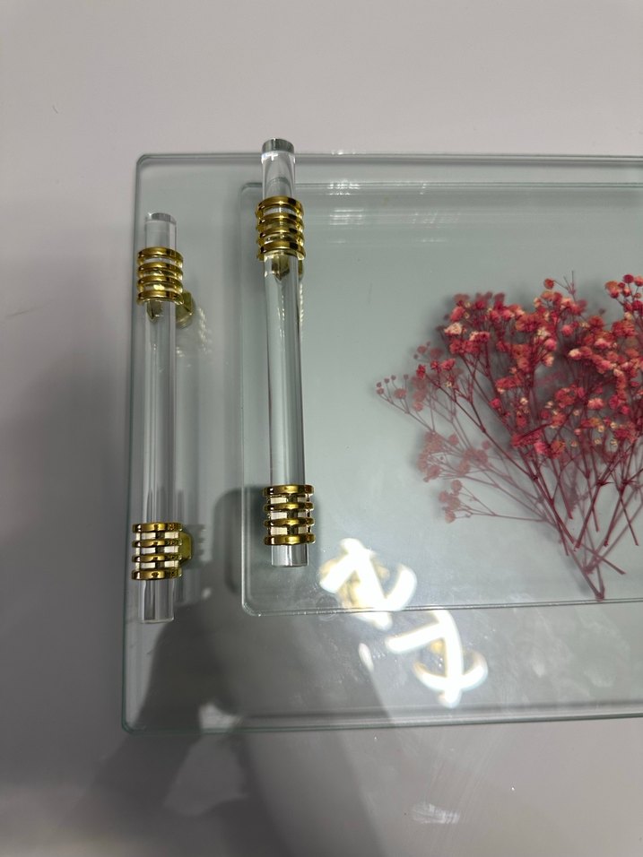 Altın Detaylı Çiçek Desenli Modern Cam tepsi - Görsel 2