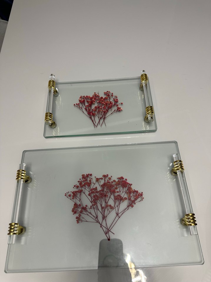 Altın Detaylı Çiçek Desenli Modern Cam tepsi - Görsel 3