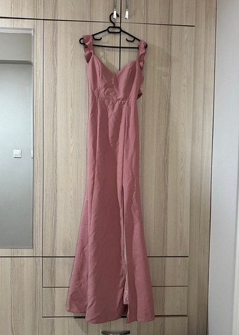34 Beden pembe Renk Pembe Drapeli Uzun V Yaka Abiye Elbise