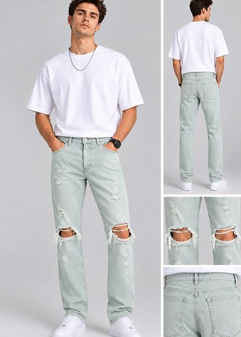 Diğer Acik Mint Yesil Yikamali Rahat Kesim Jean