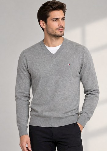 Tommy Hilfiger Gri V Yaka Erkek Kazak
