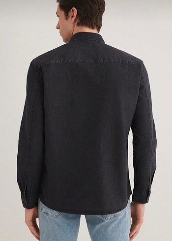 m Beden Siyah Denim Erkek Gömlek, Kemerli, Regular Fit