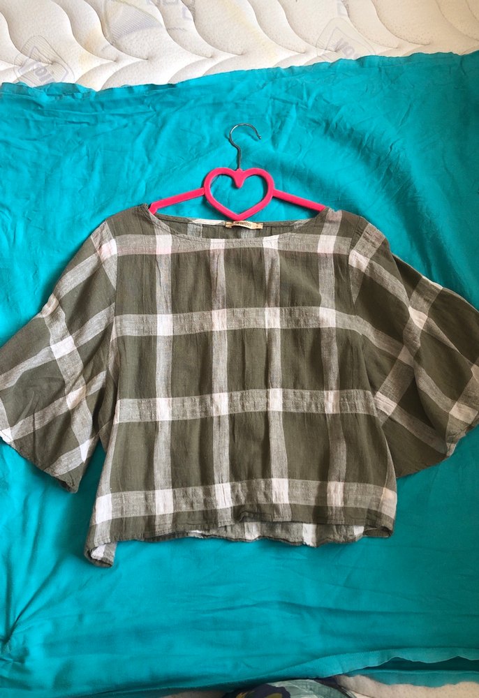 Yeşil Kareli Salaş Kadın keten Bluz streetbox marka - Görsel 2