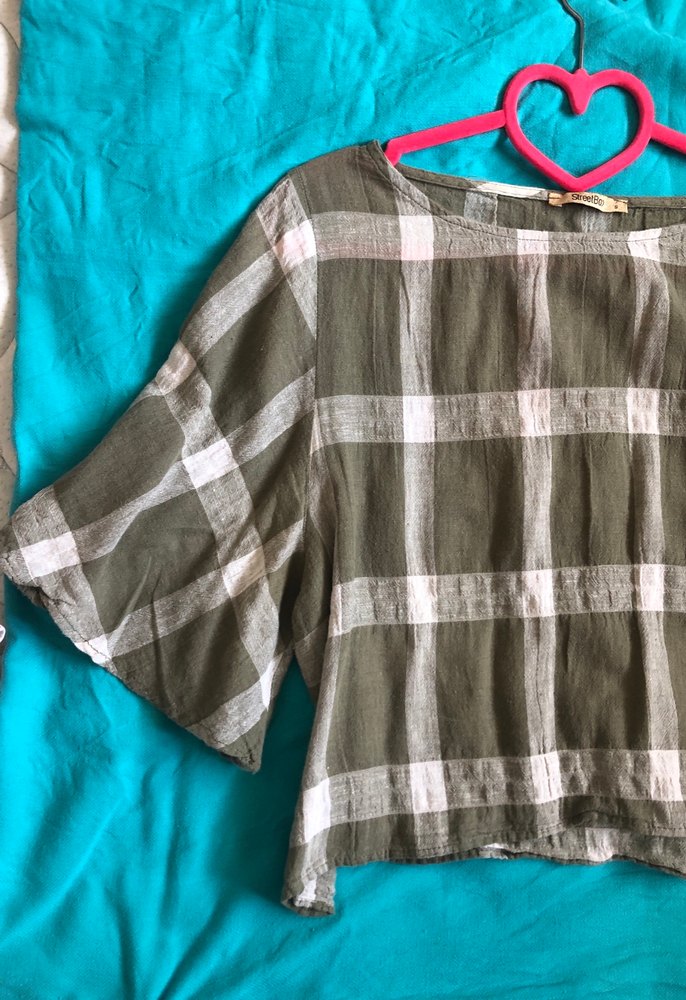 Yeşil Kareli Salaş Kadın keten Bluz streetbox marka - Görsel 3