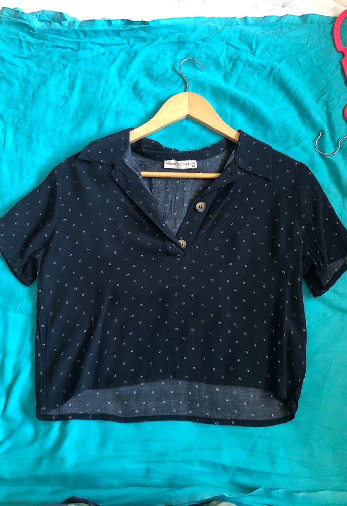 Düğmeli Kısa Kollu Lacivert Mini Denim Gömlek - Görsel 4