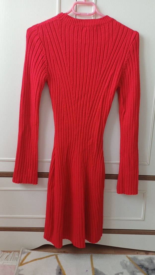 Kırmızı Fitilli Triko Midi Elbise - Görsel 5