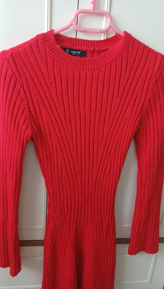 Kırmızı Fitilli Triko Midi Elbise - Görsel 2